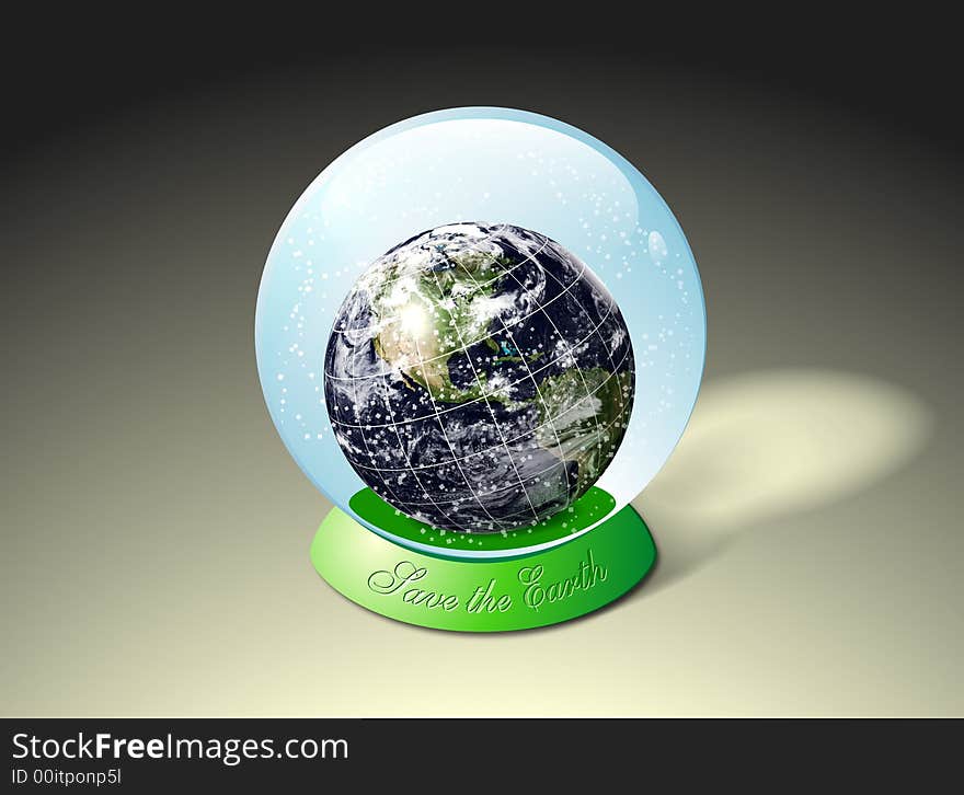 An illustration of crystal glass ball with planet earth inside. Filled with liquid and translucent confetti. Save the Earth message on the base. An illustration of crystal glass ball with planet earth inside. Filled with liquid and translucent confetti. Save the Earth message on the base.