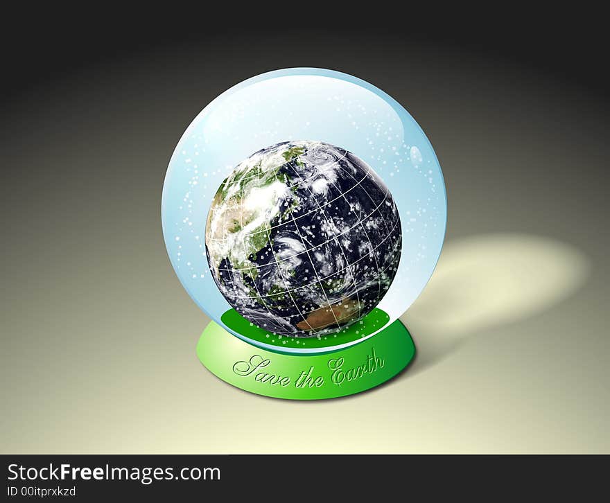 An illustration of crystal glass ball with planet earth inside. Filled with liquid and translucent confetti. Save the Earth message on the base. An illustration of crystal glass ball with planet earth inside. Filled with liquid and translucent confetti. Save the Earth message on the base.