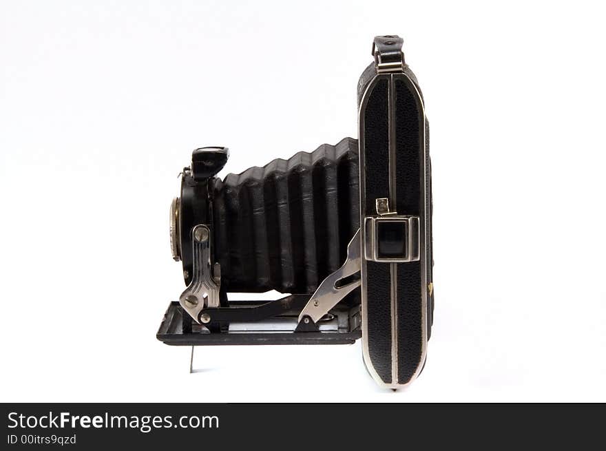 Old photo camera on white background. Old photo camera on white background