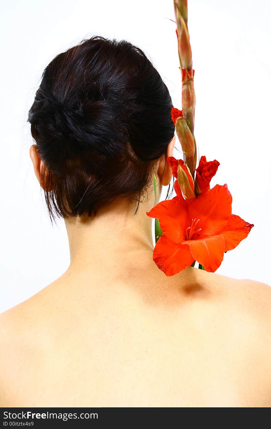 Back of a young woman with a flower and. Back of a young woman with a flower and