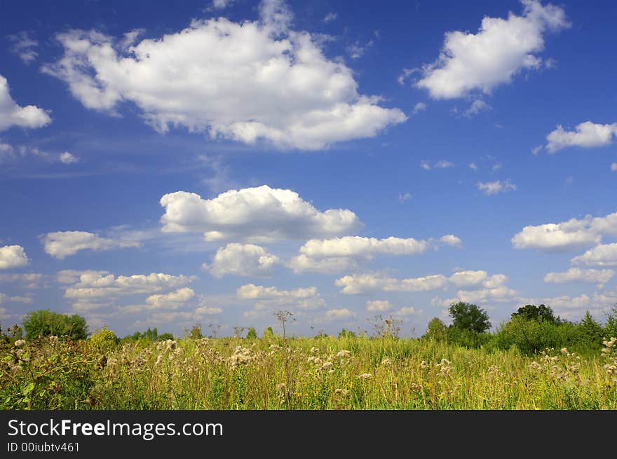 View of nice fresh summer valley and blue clouded sky. View of nice fresh summer valley and blue clouded sky