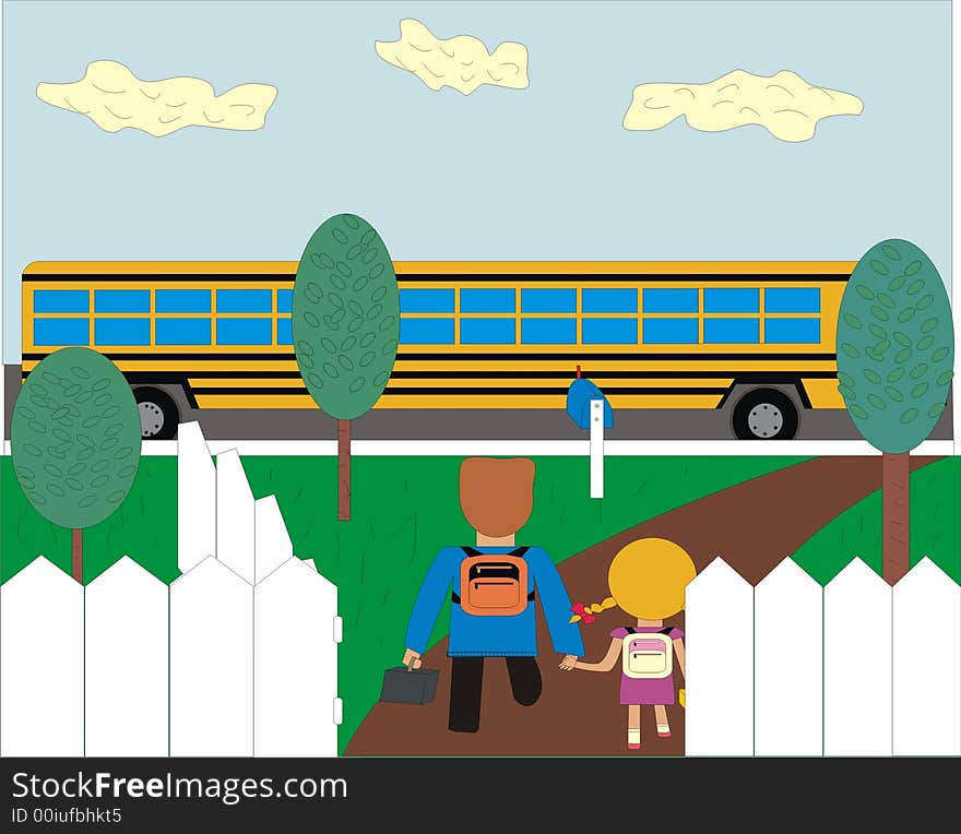 One more image of the school theme. Boy leads his junior sister to a schoolbus. One more image of the school theme. Boy leads his junior sister to a schoolbus.