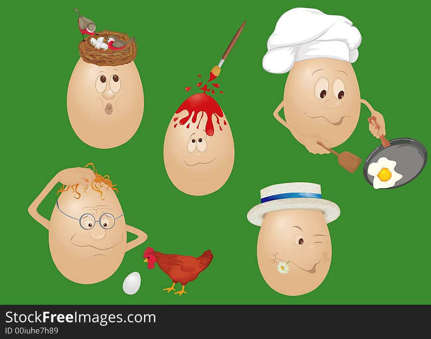 Five animated comic engages eggs.