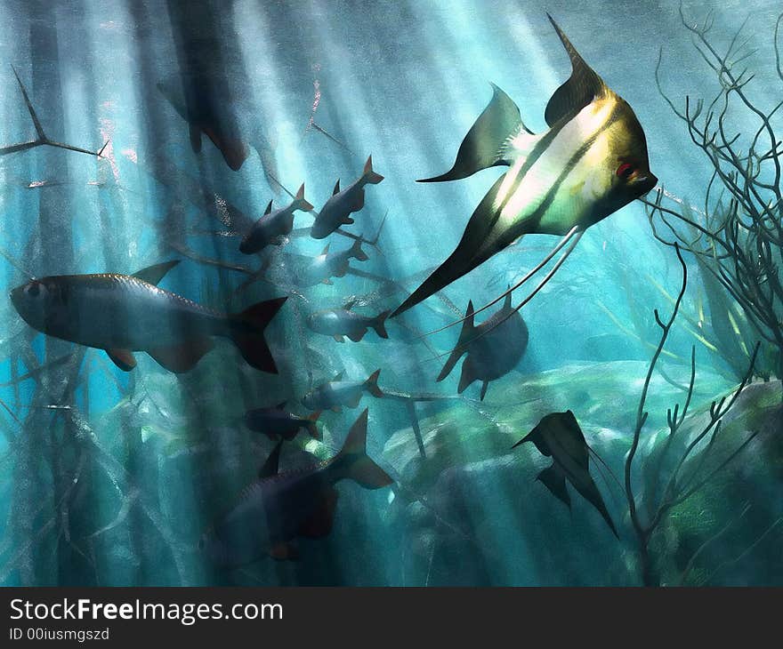 Illustration of marine life in acquarium. Illustration of marine life in acquarium