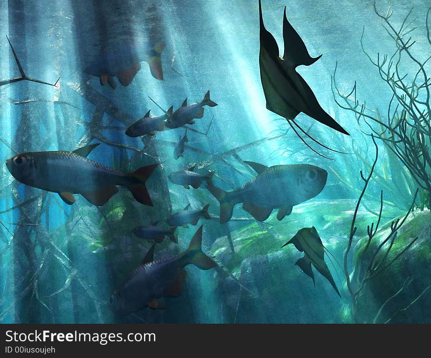 Illustration of marine life in acquarium. Illustration of marine life in acquarium