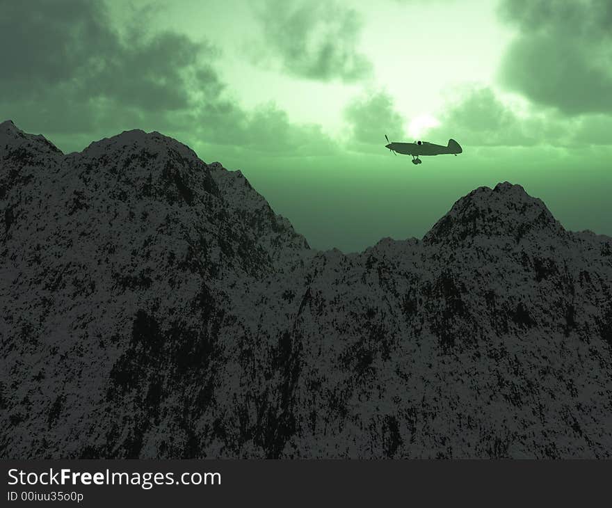 Flight over the clouds in the mountains