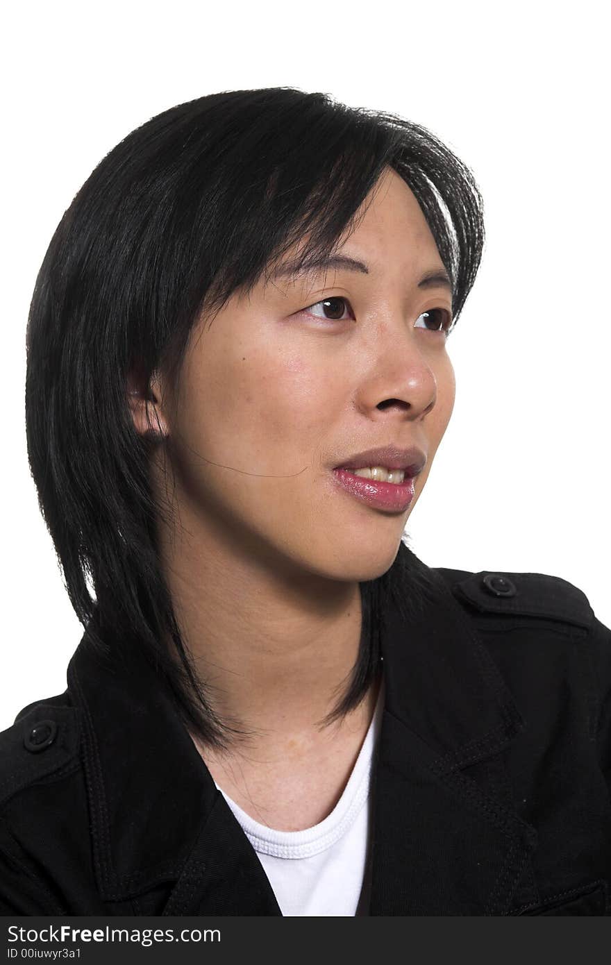 Young woman close up portrait over white background