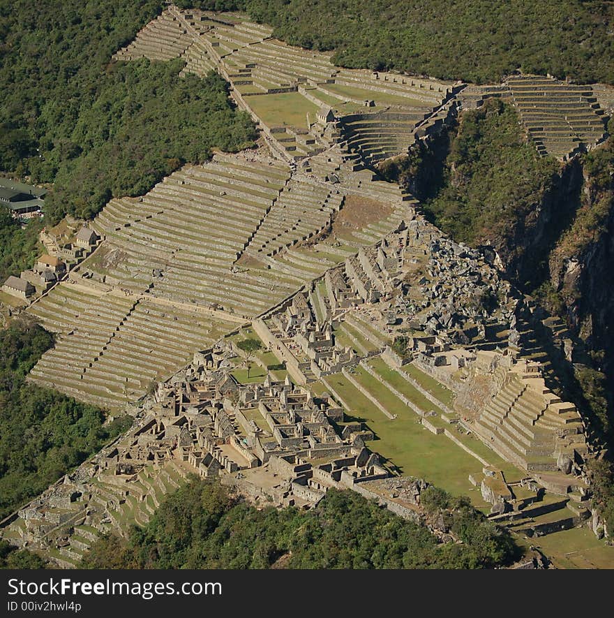 View on ruins of Machu Picchu from Waynapichu mountain. View on ruins of Machu Picchu from Waynapichu mountain