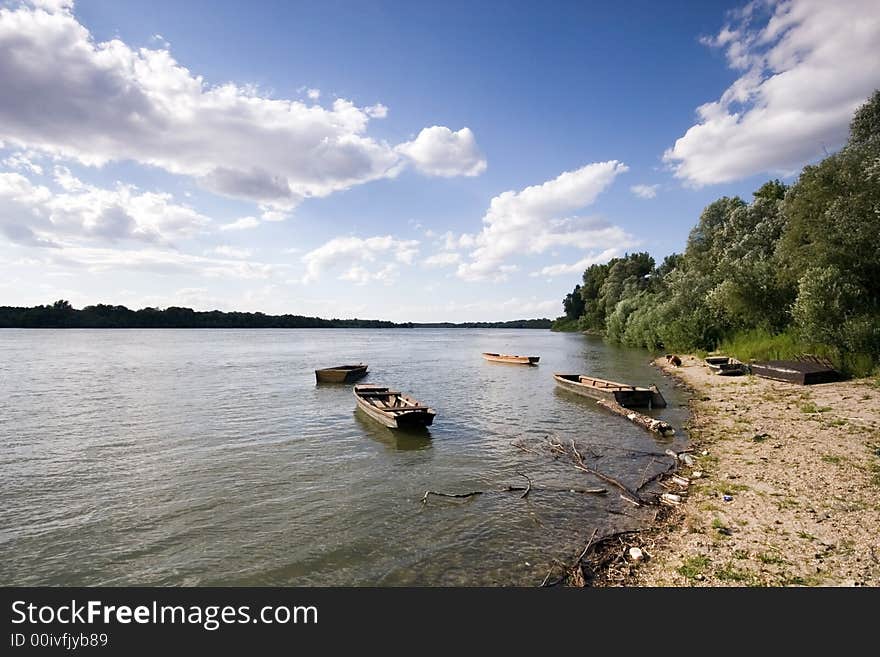 Boats at sunset on the Danube river. Boats at sunset on the Danube river