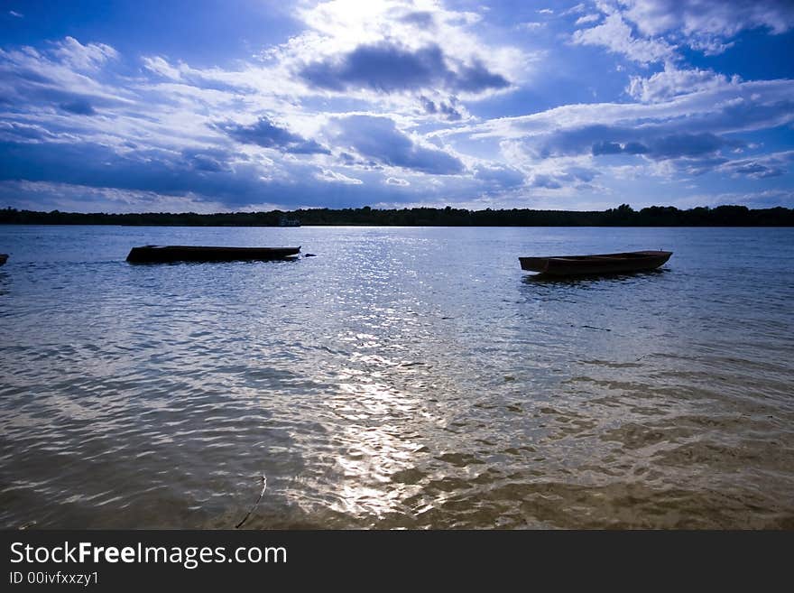 Boats at sunset on the Danube river. Boats at sunset on the Danube river