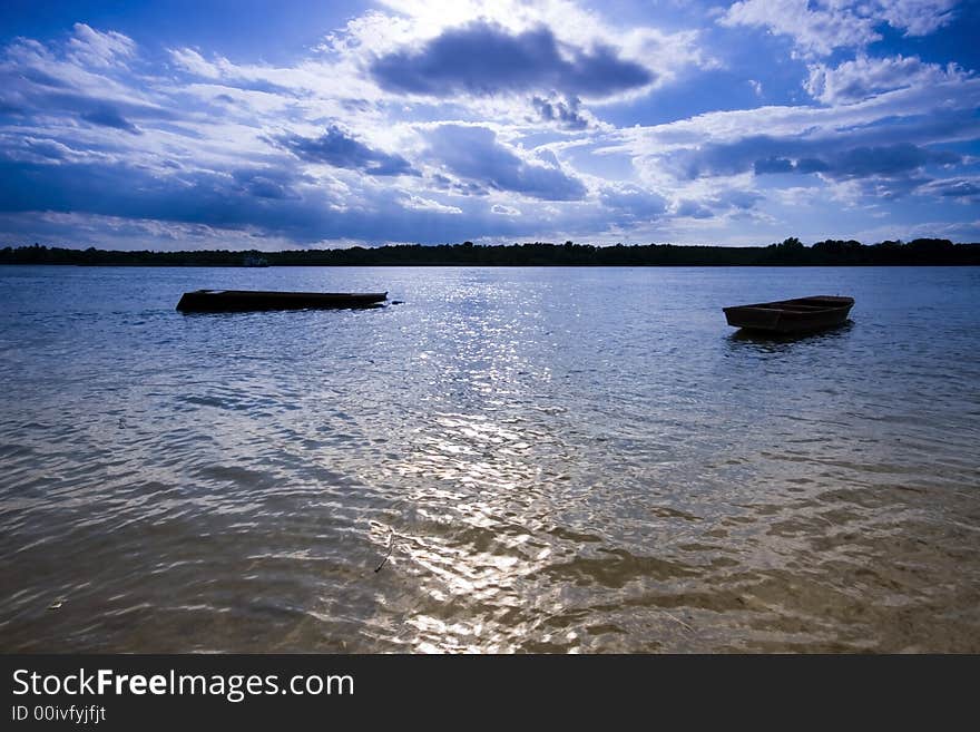 Boats at sunset on the Danube river. Boats at sunset on the Danube river