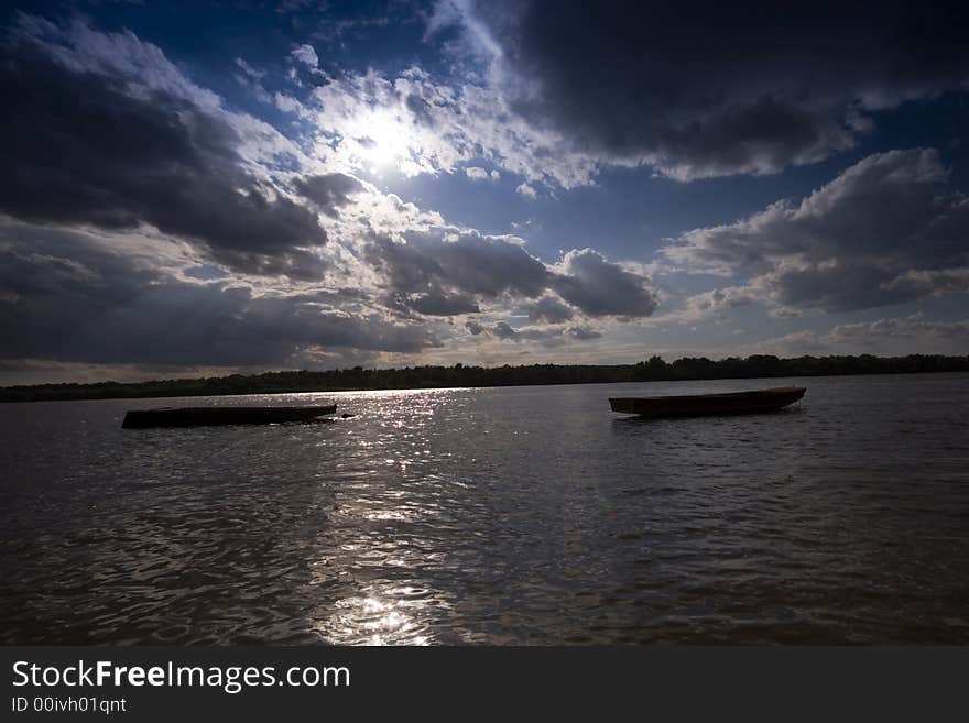 Boats at sunset on the Danube river. Boats at sunset on the Danube river