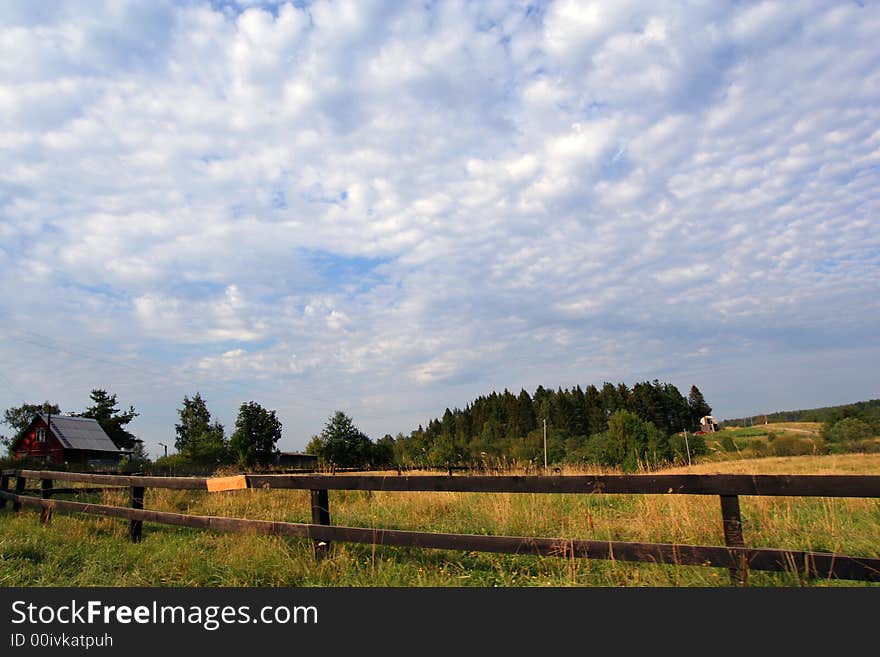 Rural landscape with the lop-sided wooden fence. Behind a fence a meadow with the cow and a small house