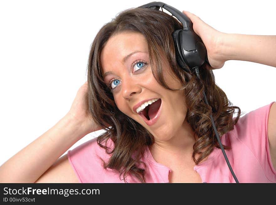 Beautiful girl with headphones against white background