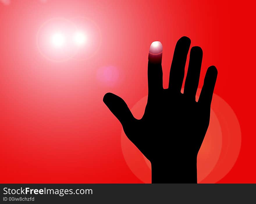 A black silhouette of a hand with a lens flare background giving the impression of two car lights coming towards the hand which is asking the driver to stop and help as there is danger ahaed. A black silhouette of a hand with a lens flare background giving the impression of two car lights coming towards the hand which is asking the driver to stop and help as there is danger ahaed.