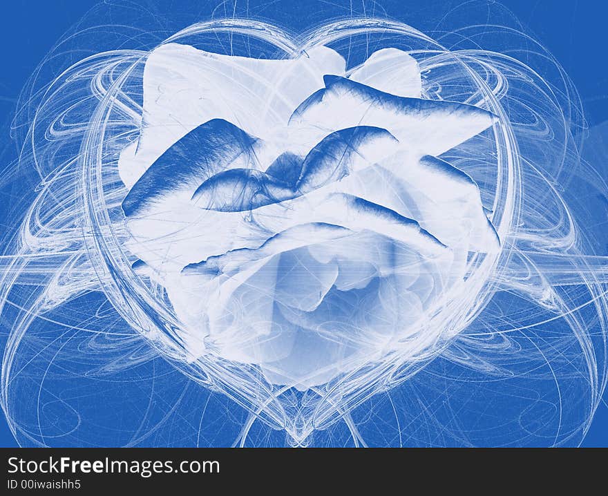 Combination of a fractal with a heart shape and a rose. The colors are only blue and white.l. Combination of a fractal with a heart shape and a rose. The colors are only blue and white.l