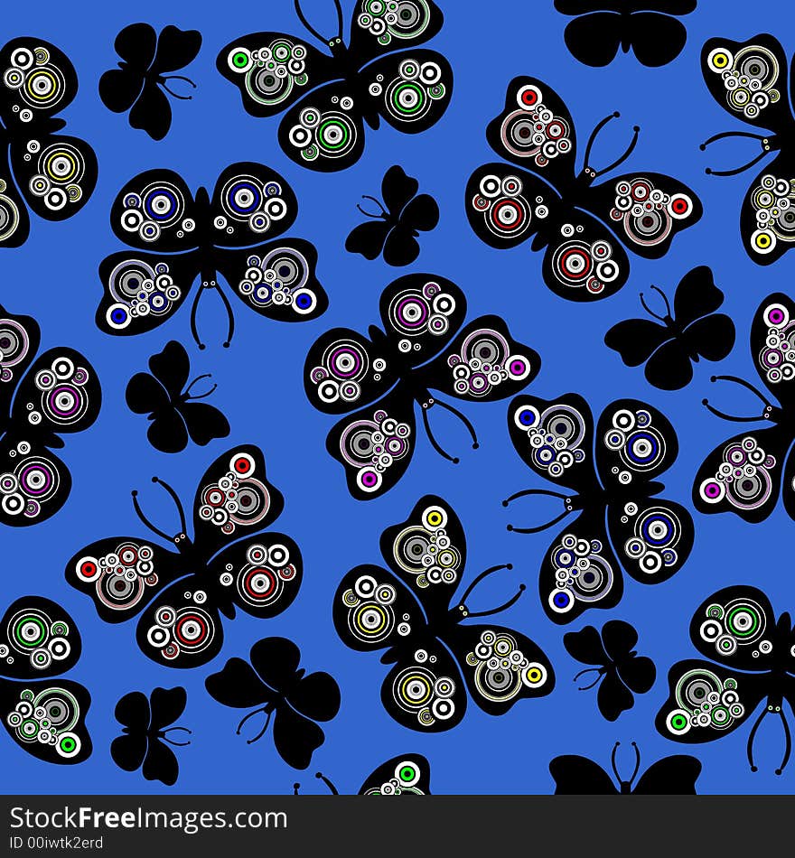 Seamless wallpaper tile unique butterflies. Circles on wings in colors. Seamless wallpaper tile unique butterflies. Circles on wings in colors.