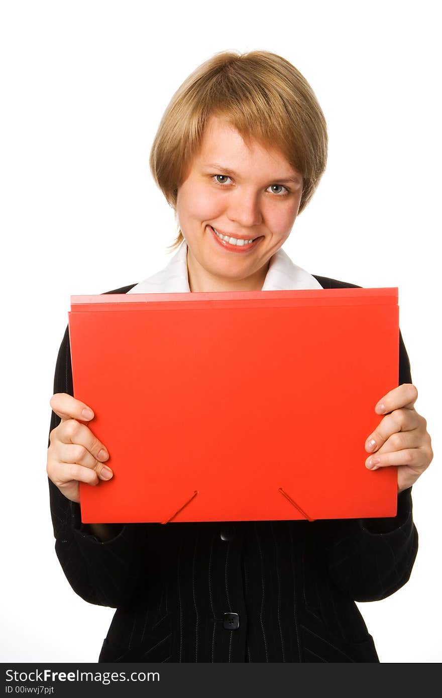 Businesswoman with folder for document over white background