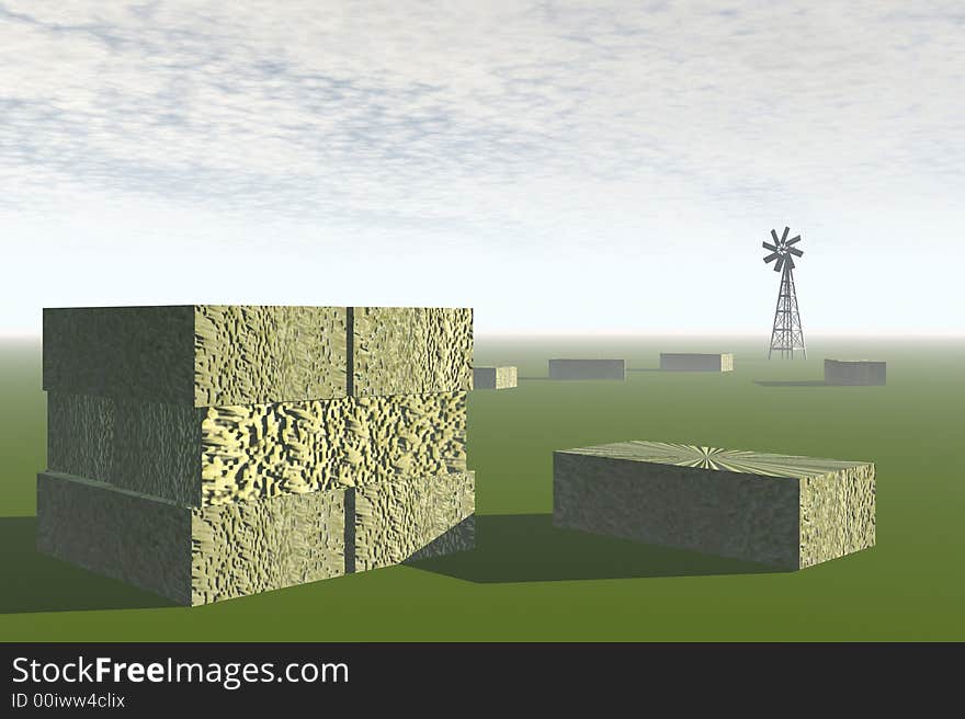 3D render of agricultural landscape of hay bales in a field