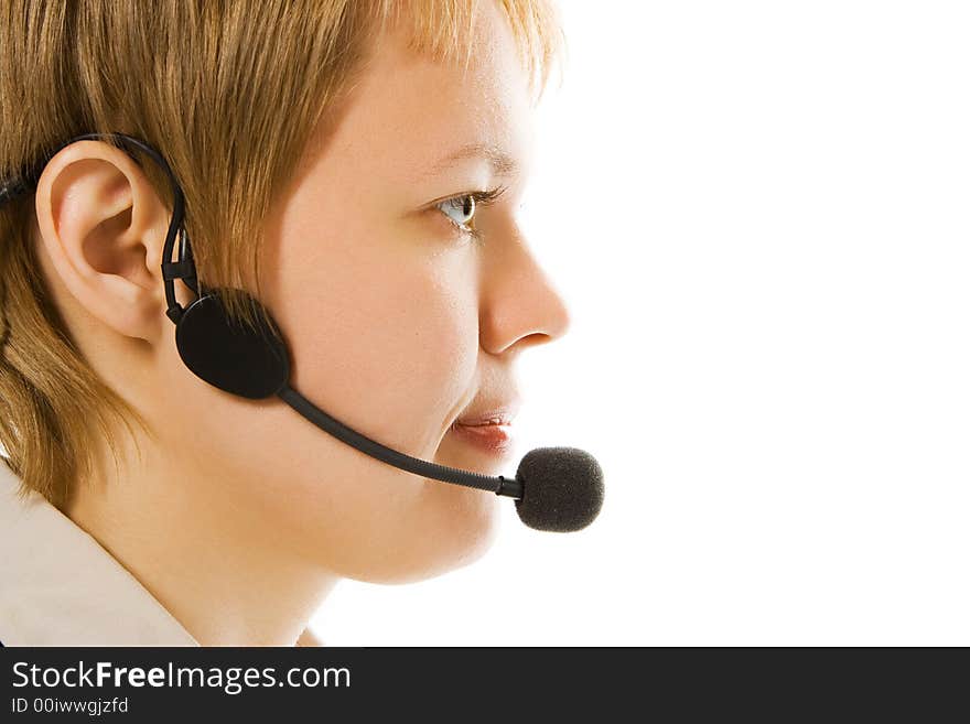 Beautiful customer support girl in headphones in half face on white background