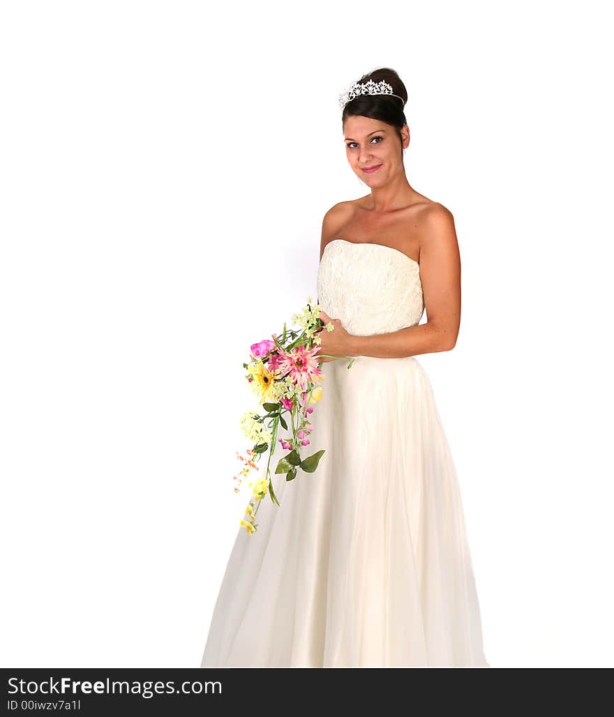 Beautiful Bride With Colorful Floral Bouquet on White