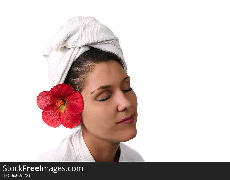 Pretty Lady With Hibiscus in Her Hair Awaiting Beauty Treatment. Pretty Lady With Hibiscus in Her Hair Awaiting Beauty Treatment