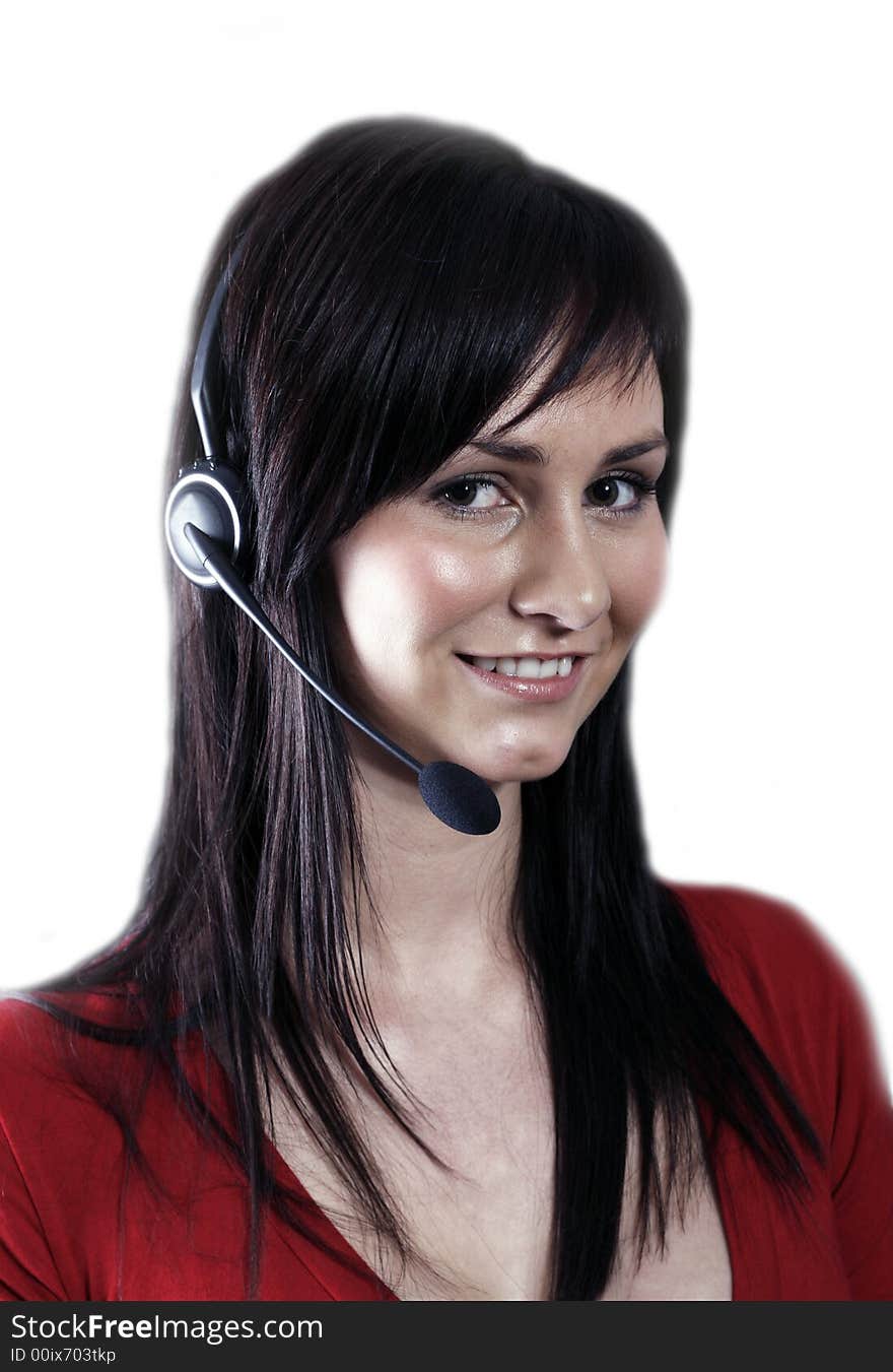 Customer service agent wearing wireless headset, on the phone