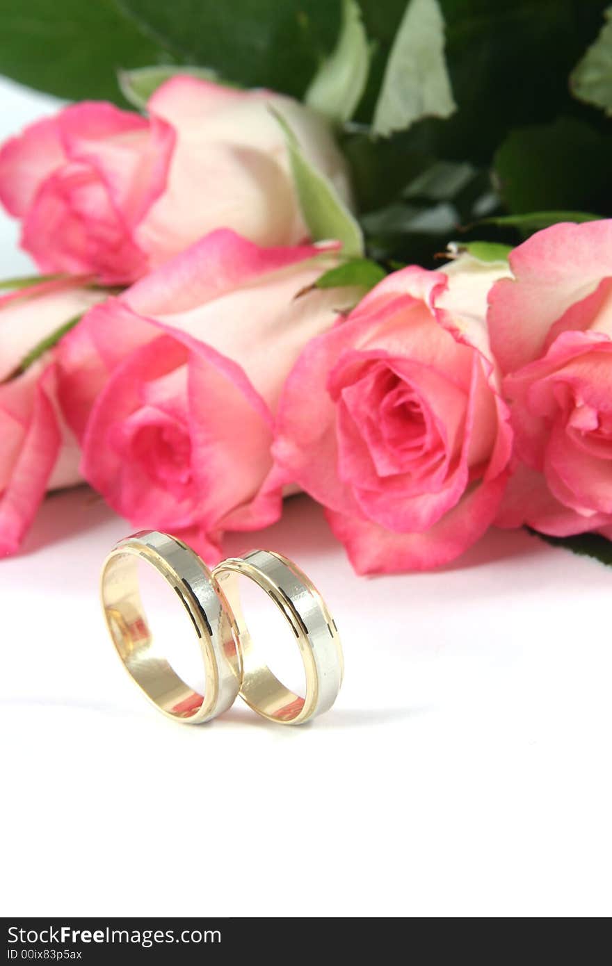 Wedding rings and roses on white background