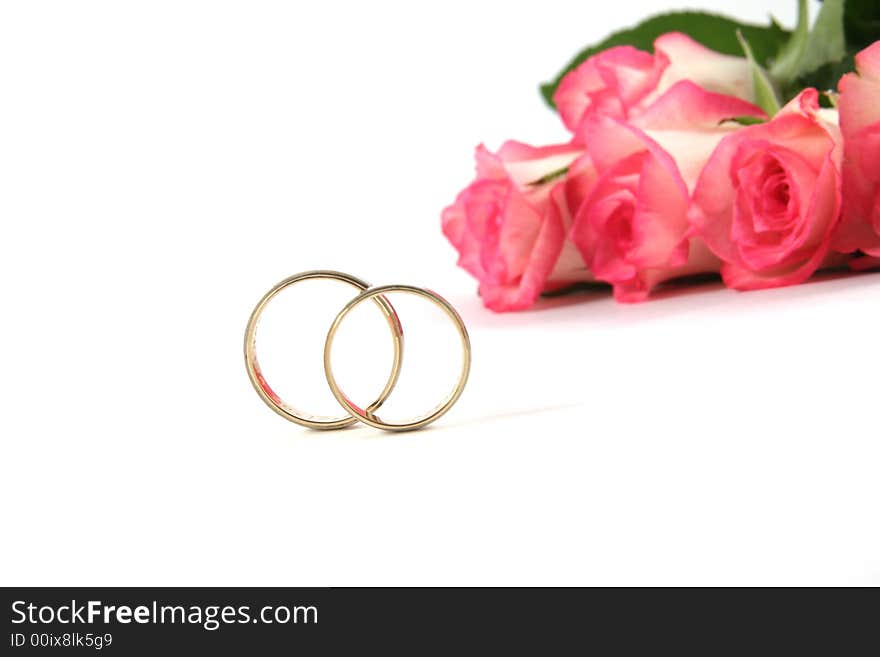 Wedding rings and roses on white background