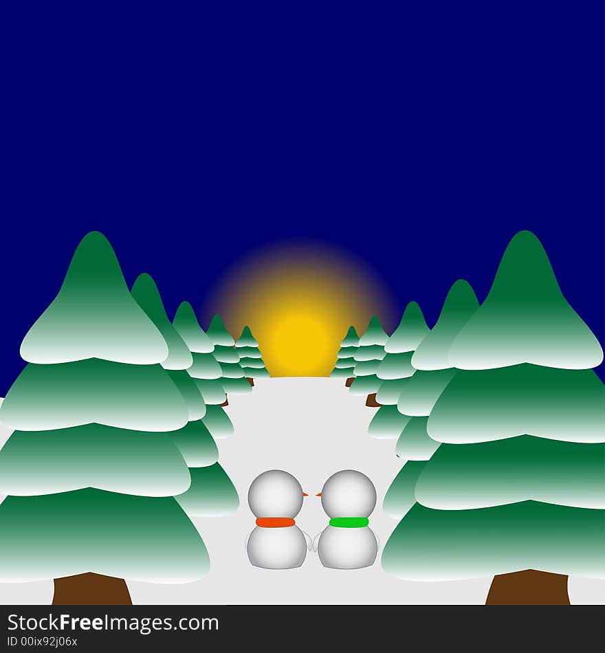 Two snowmen watching the sunse