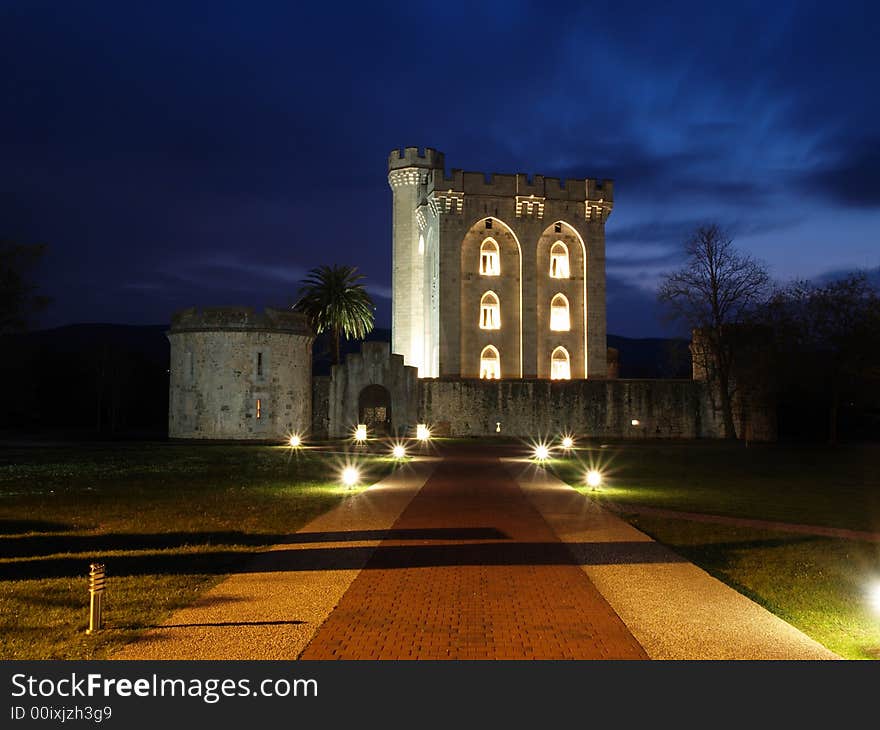 Ancient castle tower at dusk