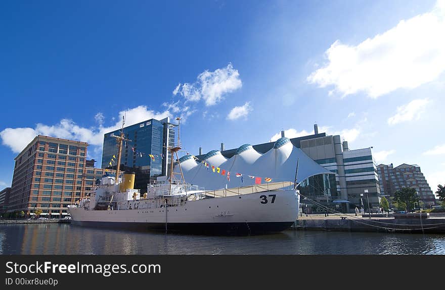 View of the USCGS Taney docked on Inner Harbor, Baltimore.