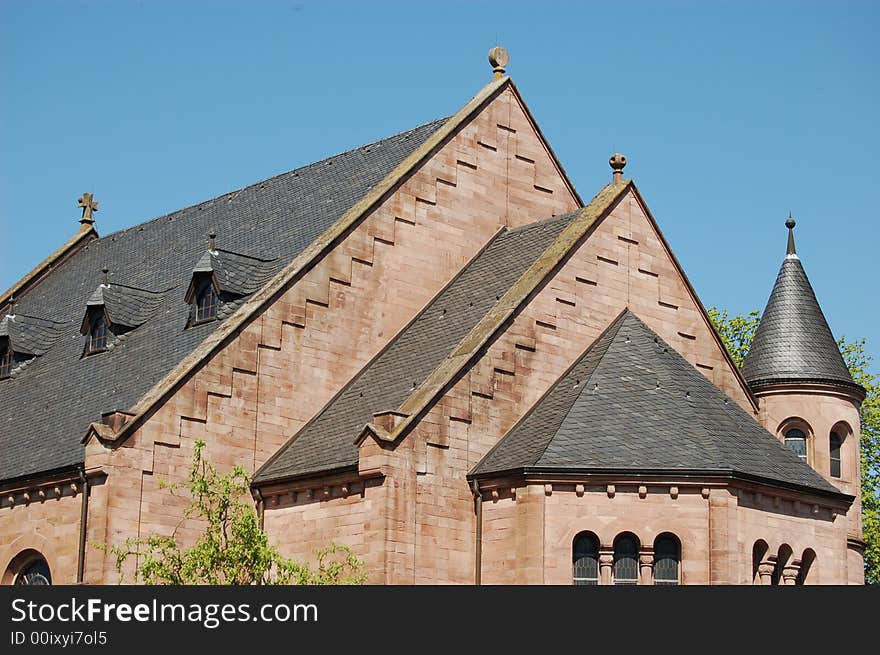 A close-up view of the protestant church in Weilerbach, Germany. A close-up view of the protestant church in Weilerbach, Germany