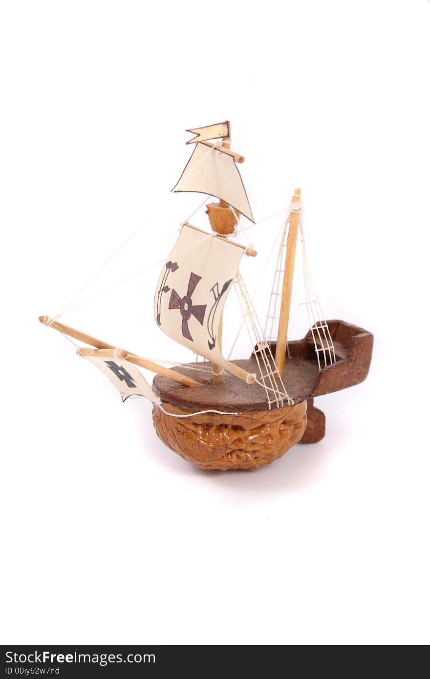 Model of old ship on the white background