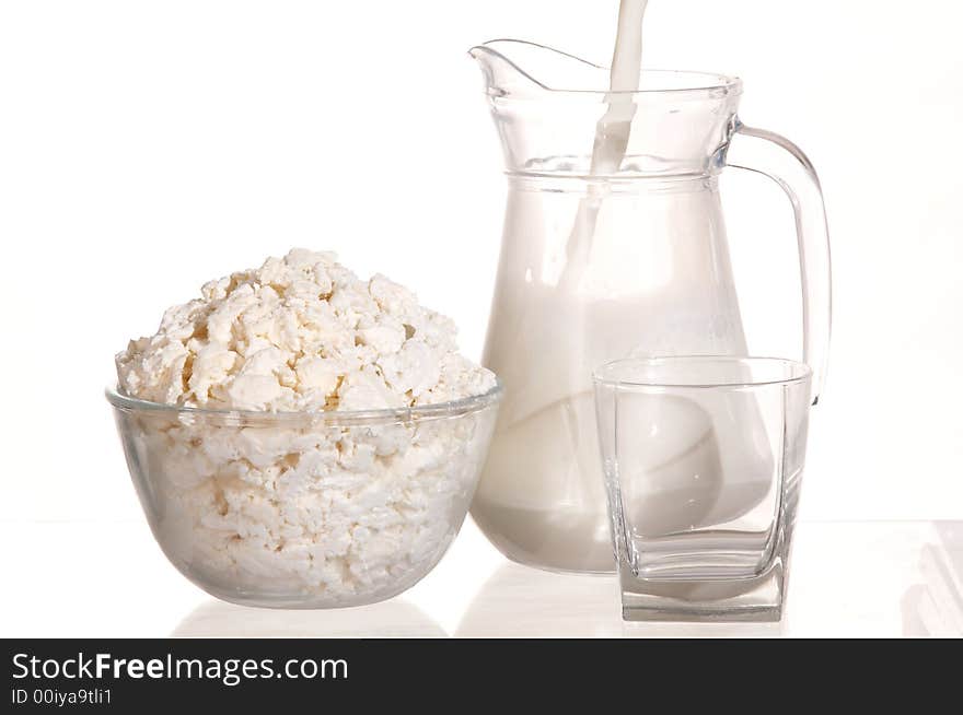 Fresh cottage cheese and milk in glass. White lunch.