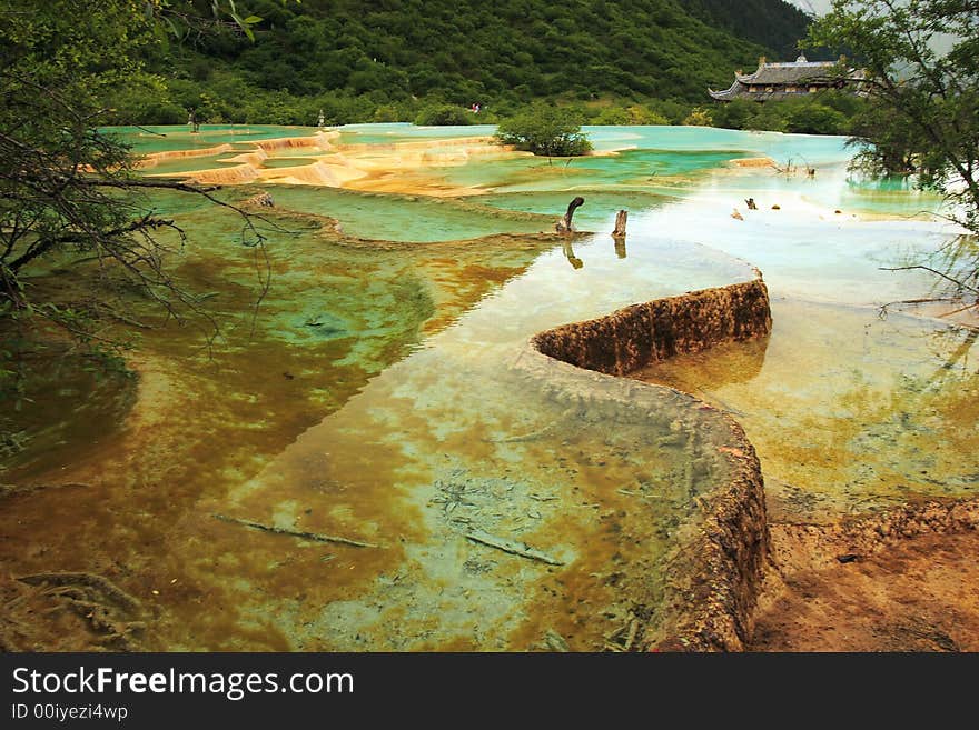 Limestone deposits and hot springs in the Huanglong Scenic Area, China.