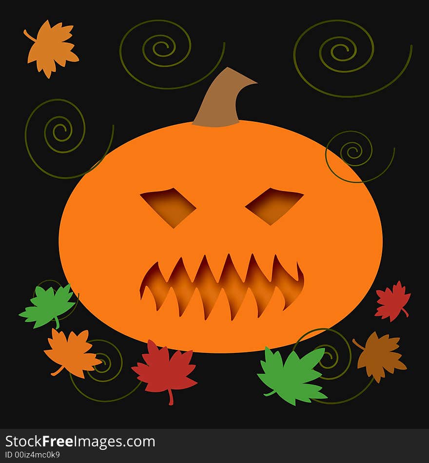 Scary jack-o'-lantern and autumn leaves on black background. Scary jack-o'-lantern and autumn leaves on black background