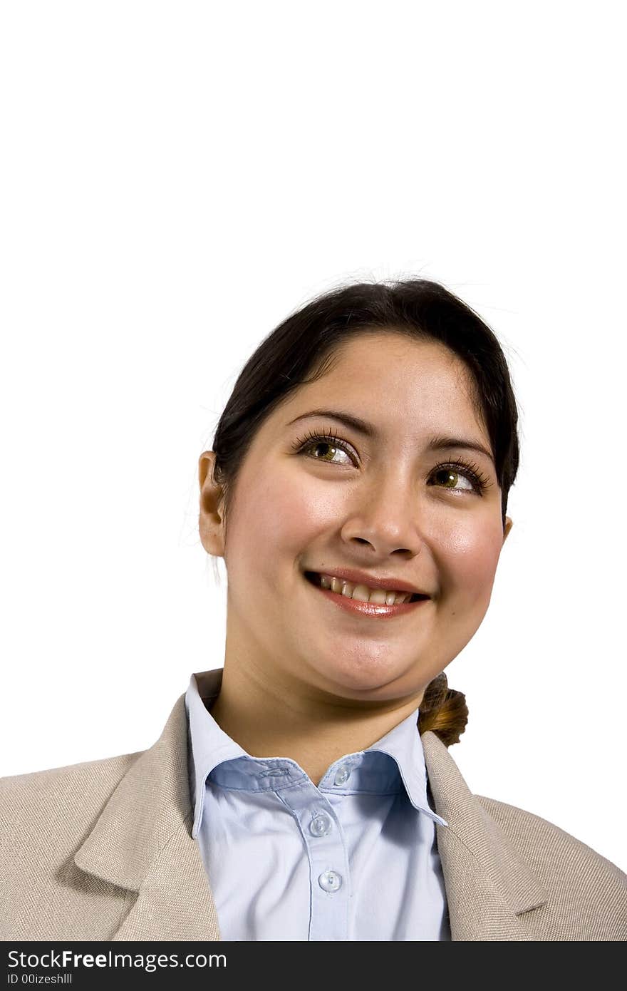 Smiling woman with blouse and jacket on a white background