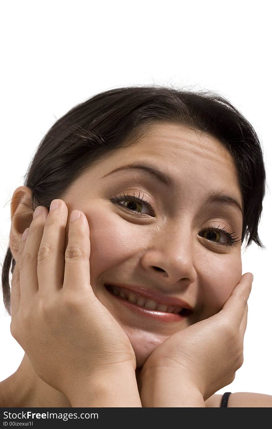 Young lady with chin on hands and smiling. Young lady with chin on hands and smiling