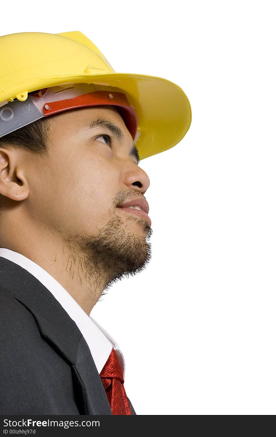 An Architect with yellow hardhat over a white background