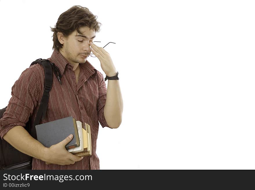 Portrait of a male student holding books and reading glasses - isolated over white background. Portrait of a male student holding books and reading glasses - isolated over white background