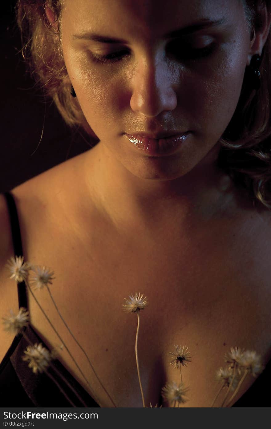 Detail of a young woman holding flowers on dark background. Detail of a young woman holding flowers on dark background