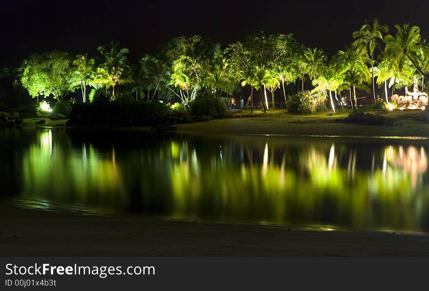 Trees are litted up by lamps along the beach, their reflections reflecting calmly in the still water. Trees are litted up by lamps along the beach, their reflections reflecting calmly in the still water