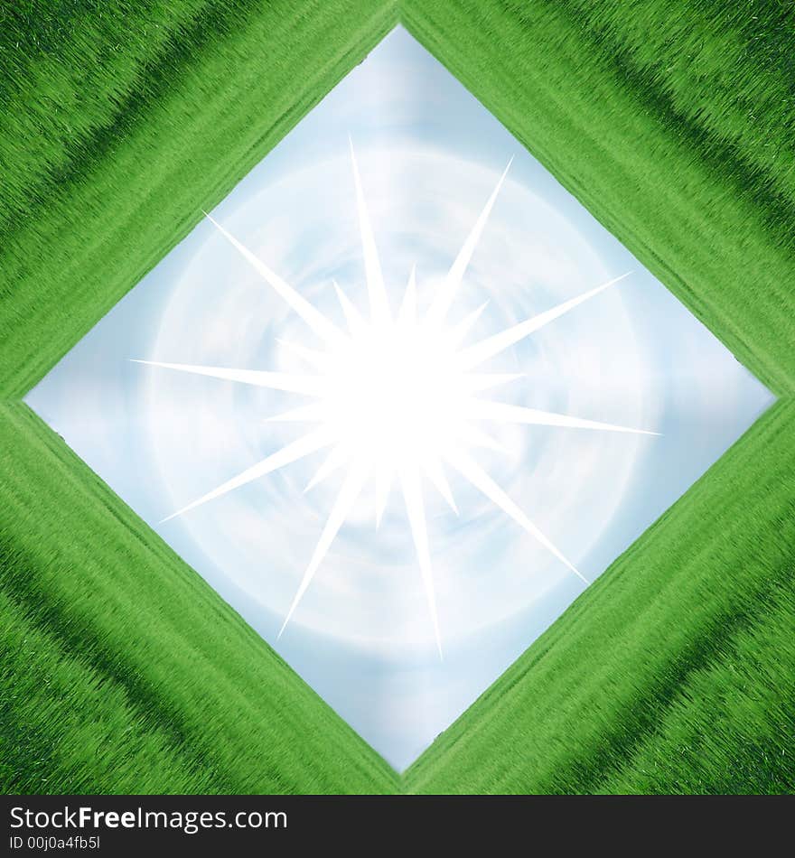 Frame of green field and blue sky with white star in center, plenty of copy-space, composite. Frame of green field and blue sky with white star in center, plenty of copy-space, composite