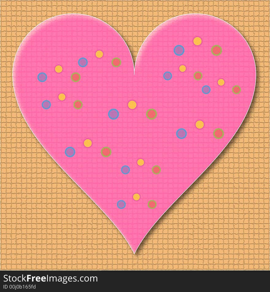 A pink heart-in designed in illustrator, decorated with small dots in different colours in square designed background, with drop shadow for the heart-in.