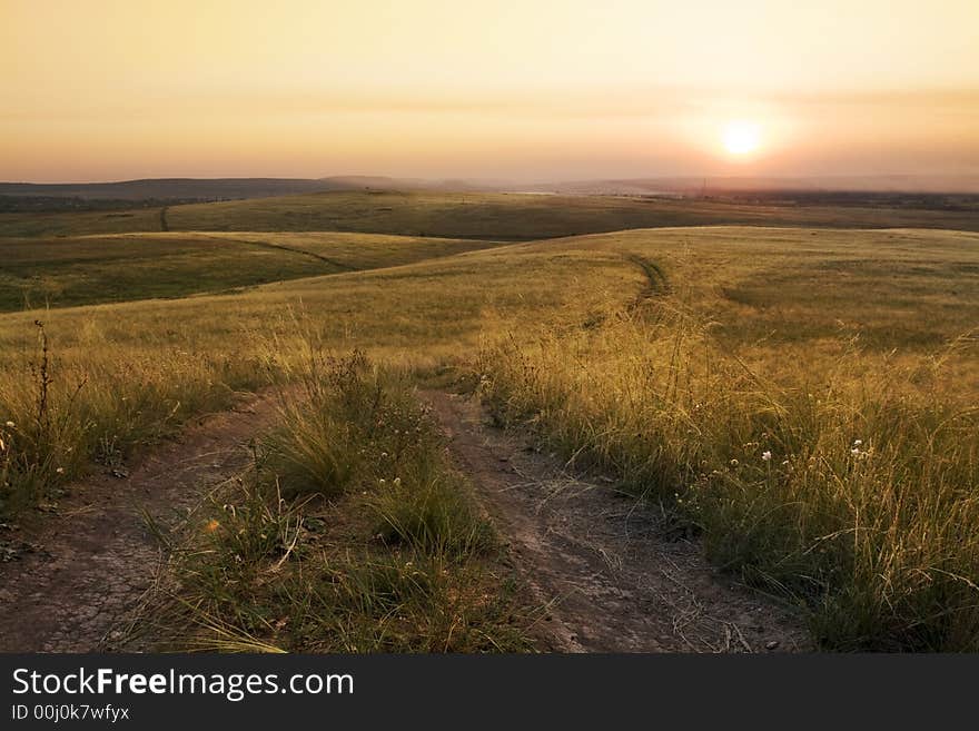 Road through meadow. Nature background