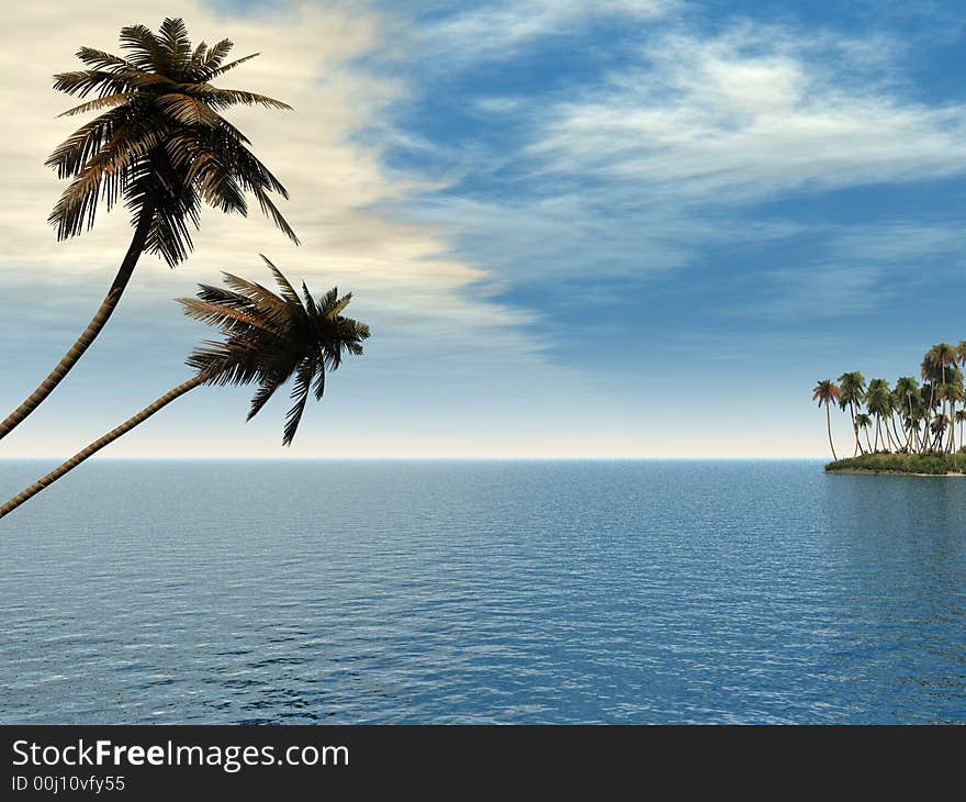 Coconut palm trees on a small island - digital artwork. Coconut palm trees on a small island - digital artwork