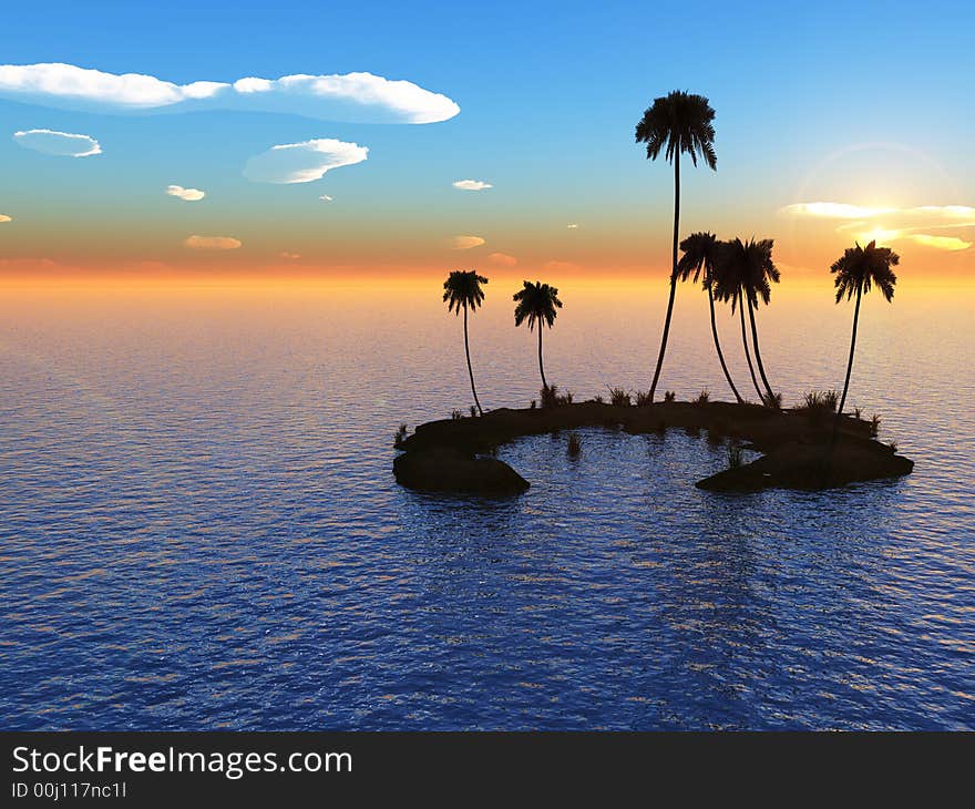 Sunset coconut palm trees on small island - 3d illustration.