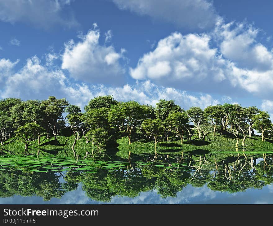 Trees on coast in a sunny day - 3d illustration. Trees on coast in a sunny day - 3d illustration