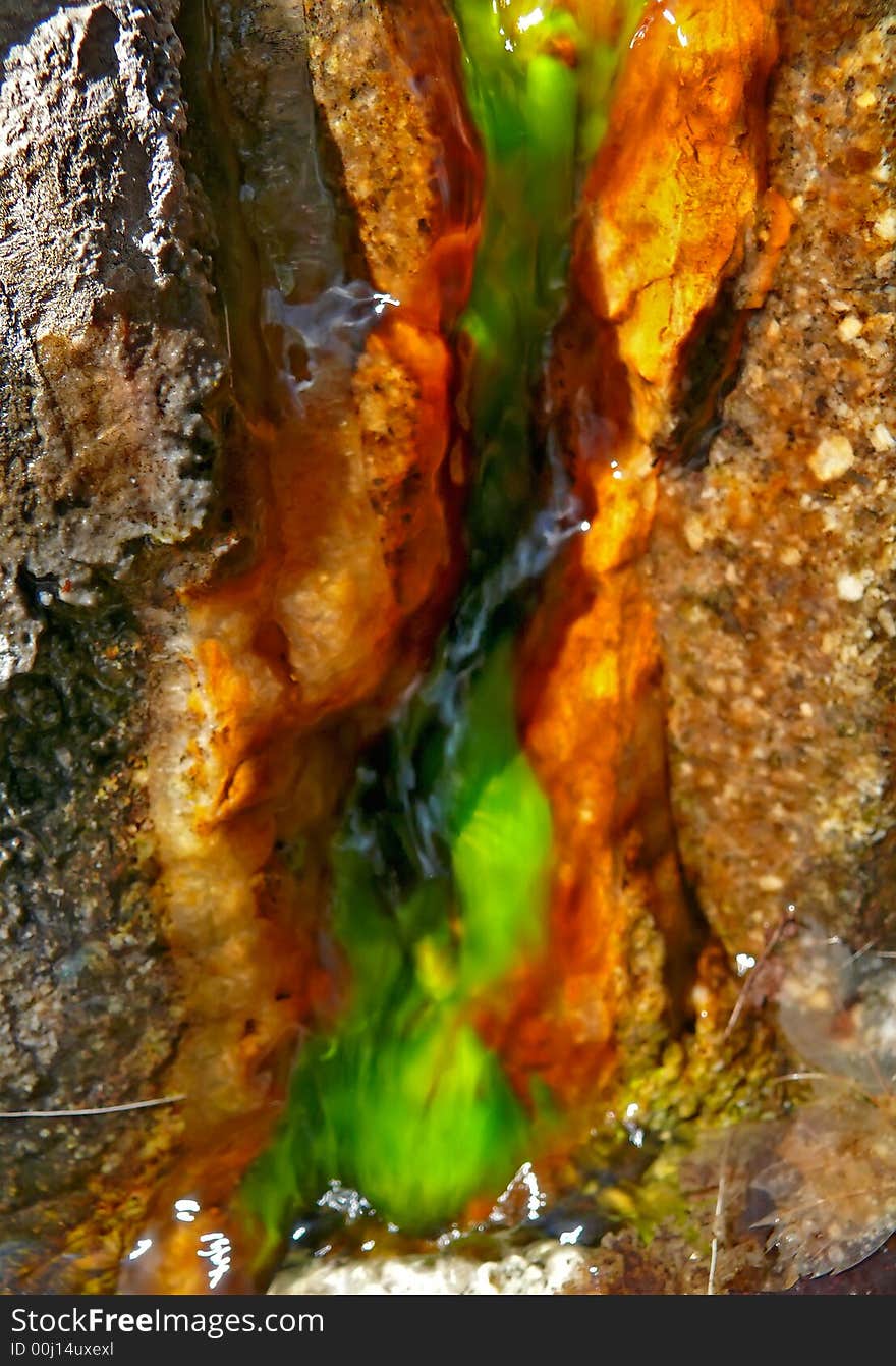 Close-up of mineral water effluenting from apertures on rock in forest. Summer. Russian Far East, Primorye. Close-up of mineral water effluenting from apertures on rock in forest. Summer. Russian Far East, Primorye.